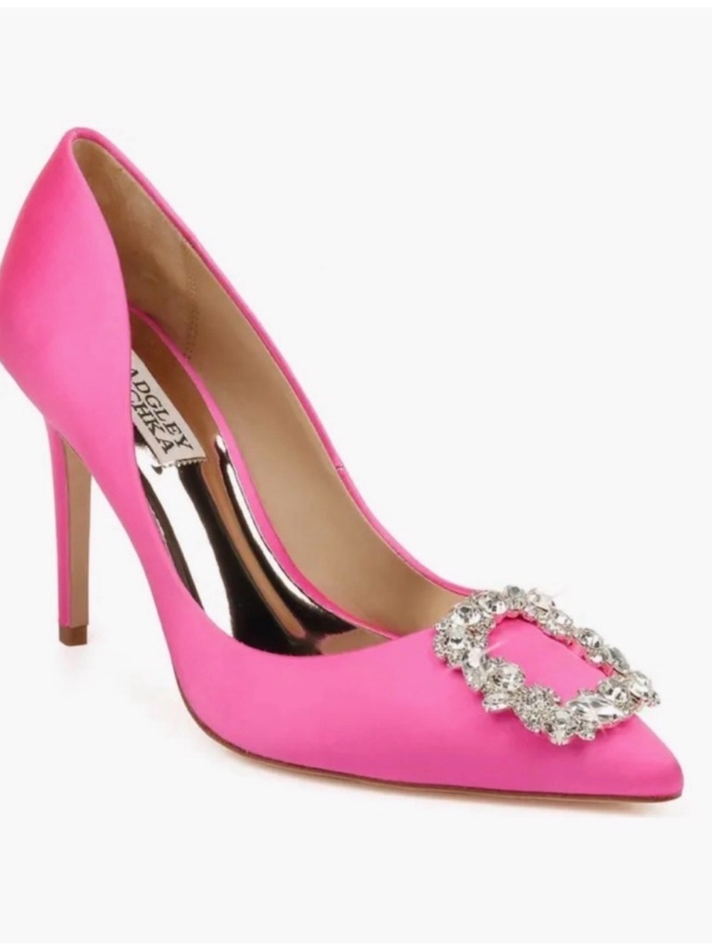 Badgley Mischka Pink Satin Pointed-Toe Crystal Buckle Pump